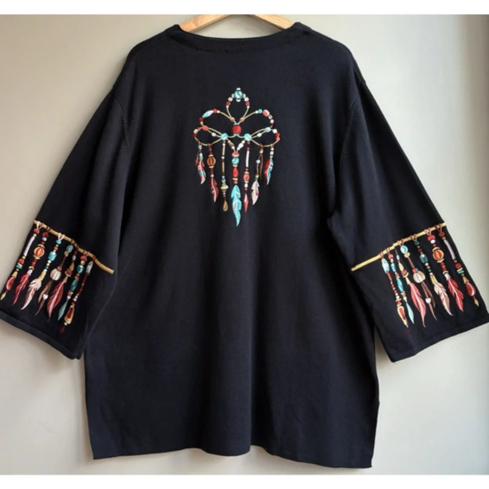 Bob Mackie Wearable Art Feather Embroidery Cardigan Sweater V-neck Black Plus 2X